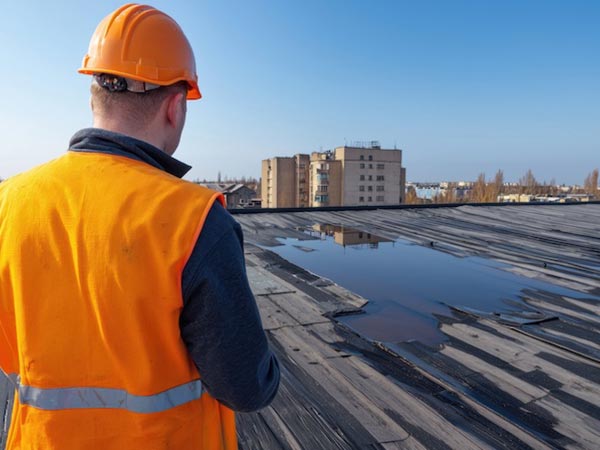 Construction worker in an orange safety vest and hard hat stands on a wet flat roof, surveying the urban landscape in the distance.